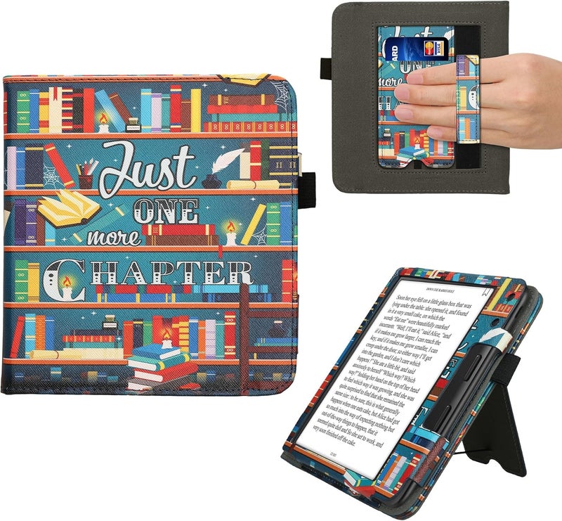 kwmobile Case Compatible with Kobo Libra Colour - Case PU Leather Cover with Magnet Closure, Stand, Strap, Card Slot - Library Motto Multicolor - Image 1